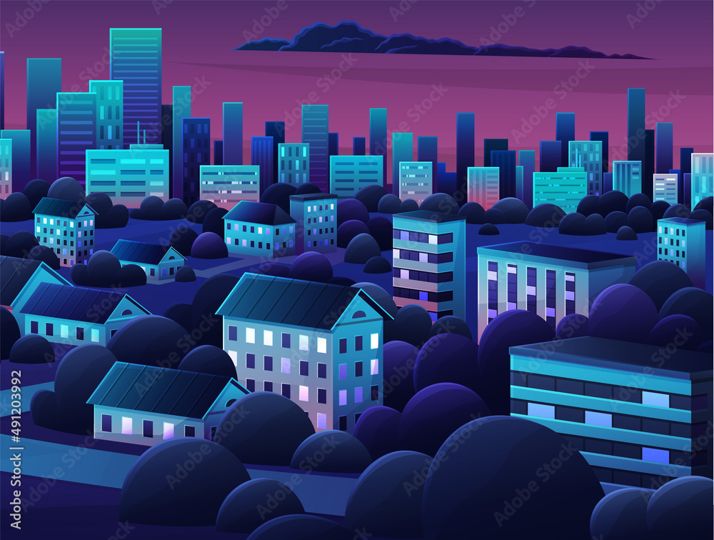 Fototapeta premium Cityscape with houses and buildings surrounded by trees. Night scene of landscape with nature and architecture. City streets with houses at night. Downtown with residential buildings and green