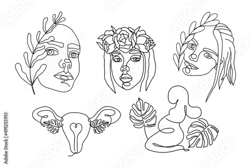 Set of continuous line art female faces with leaves and flowers. Organ of the uterus, female nature.  Pregnant woman with monstera leaves. For printing on t-shirts.