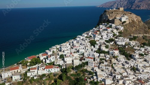 Aerial drone video of breathtaking and picturesque main village of Skyros island featuring uphill medieval castle with scenic views to Aegean sea, Sporades islands, Greece photo