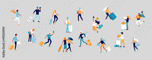 Different people travel on vacation. Tourists with laggage travelling with family  friends and alone  go on journey. Travelers in various activity with luggage and equipment. Vector