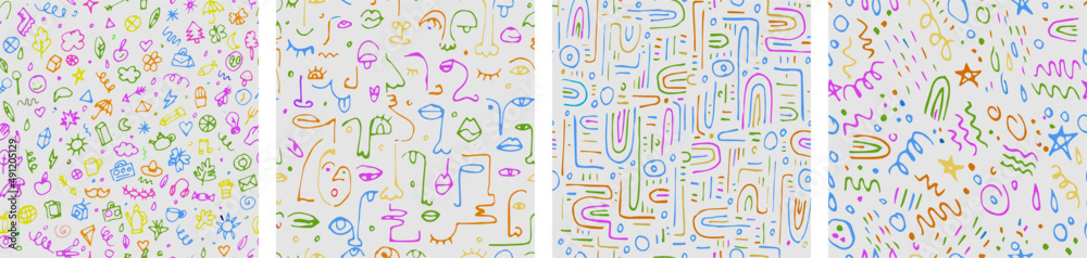 Set of colorful childish abstract hand drawn seamless pattern set. Contemporary minimal modern trendy freehand doodle. Templates for social media icons, posters. Vector