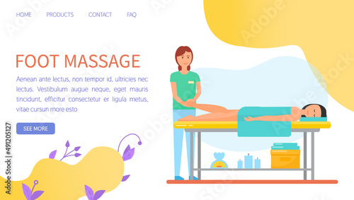Foot care procedure from professional masseur for patient. Woman massaging legs of client in massage parlor. Foot massage, relaxation website template. Medical web page banner for body and health care