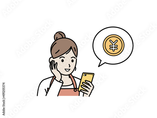 スマートフォンを使う主婦　女性　スマホ　お金　支払い　稼ぐ　副業　送金　ネットバンキング