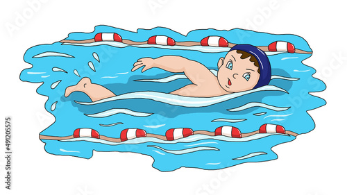 Illustration of an athlete boy who swims in the pool.  Hand  drawn. Template. Closeup.