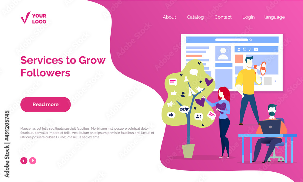 Program for audience analytics and likes boosting. Service to grow followers in account of social network. People caring tree with profile and users info. Marketing website landing page template Program for audience analytics and likes boosting. Service to grow followers in account of social network. People caring tree with profile and users info. Marketing website landing page template