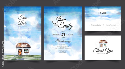 wedding invitation, small house in watercolor village