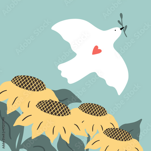 A dove symbol of peace with a twig in its beak flies over sunflowers.