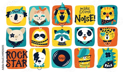 Rock star. Poster with vector collection of rock animals and graffiti lettering for kids. Hand drawn cartoon musicians in funny doodle style. For prints on baby clothes, posters, rock punk parties.