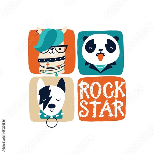 Rock star. Vector retro poster. Lama panda and dog band of musicians. Cartoon doodle characters and inscription graffiti for kids in funny doodle style. For printing on baby clothes, posters.