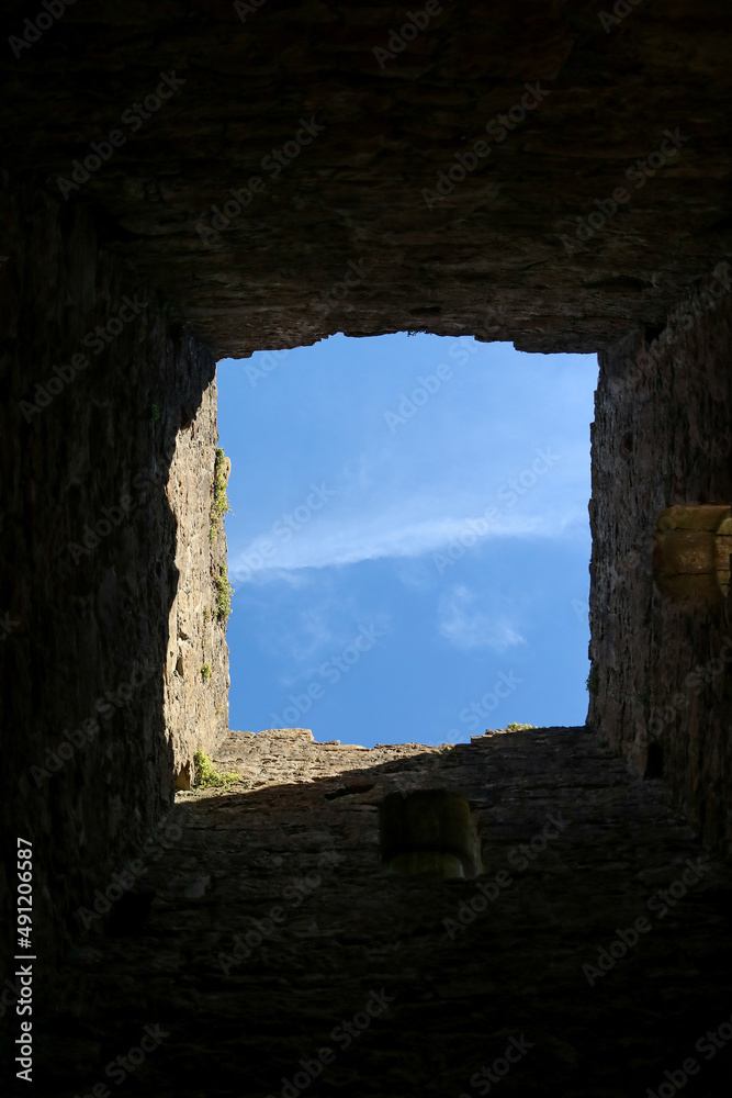 Sky View Through Window in Ancient Castle Wall