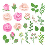 Rose elements. Roses flowers, bleached, pink and ivory floral bouquet. Isolated vintage blooming branches. Wedding fashion collection, neoteric vector clipart