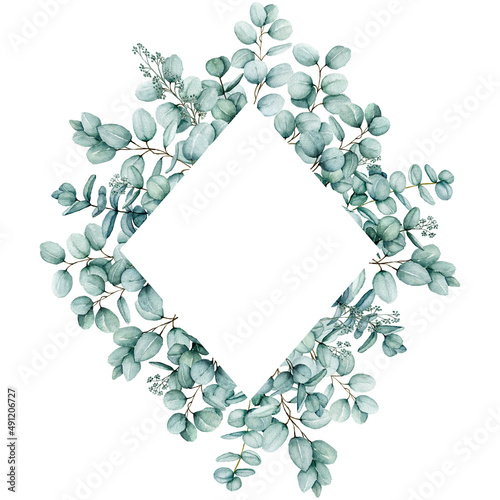 Watercolor eucalyptus Frame, Floral eucalyptus leaves and branches exotic Border, isolated on white background, Copy Space Hand Painted Frame