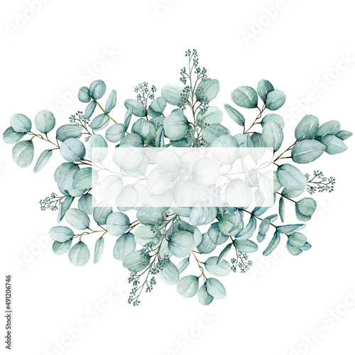 Watercolor eucalyptus Frame, Floral eucalyptus leaves and branches exotic Border, Rectangle Frame isolated on white background, Copy Space Hand Painted Frame