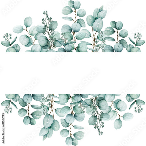 Watercolor eucalyptus Split Border, Floral eucalyptus leaves and branches exotic Border, Frame isolated on white background, Copy Space Hand Painted Frame, For wedding, invitations, printing