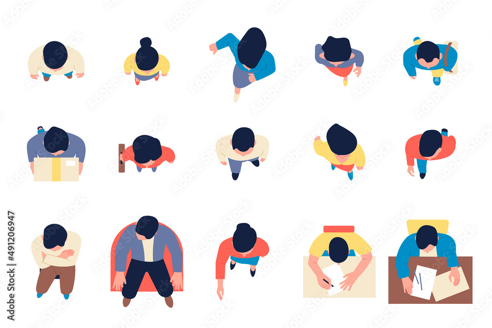 People top view. Overhead silhouette, demonstration crowd and working  characters. Business man and woman group, walk recent vector person set  Stock Vector | Adobe Stock