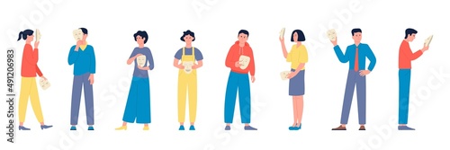Fake people. Bad depressed mood, changing face person. Cover lie, men and women holding masks with different expressions, personality recent vector concept
