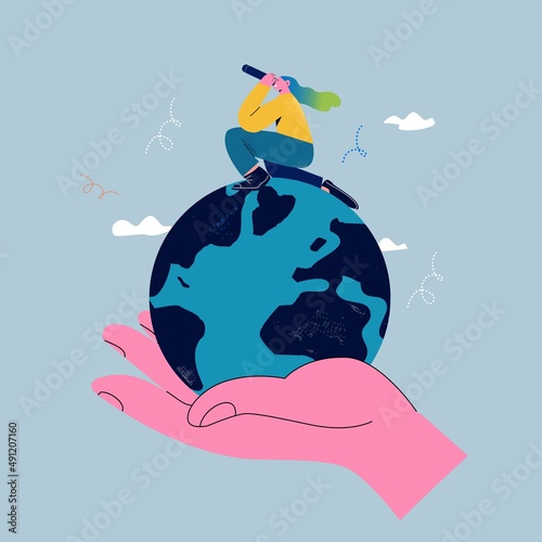 Woman with binoculars exploring career opportunities, vision and goals concept. Human recourses recruiting vector illustration