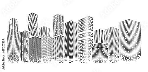 Dots city. Isolated cityscape with dot skyline. Office building, polygonal architecture abstract houses. Technology art, exact vector business futuristic urban landscape photo