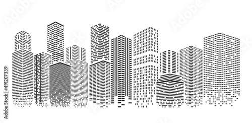 Dots city. Isolated cityscape with dot skyline. Office building, polygonal architecture abstract houses. Technology art, exact vector business futuristic urban landscape