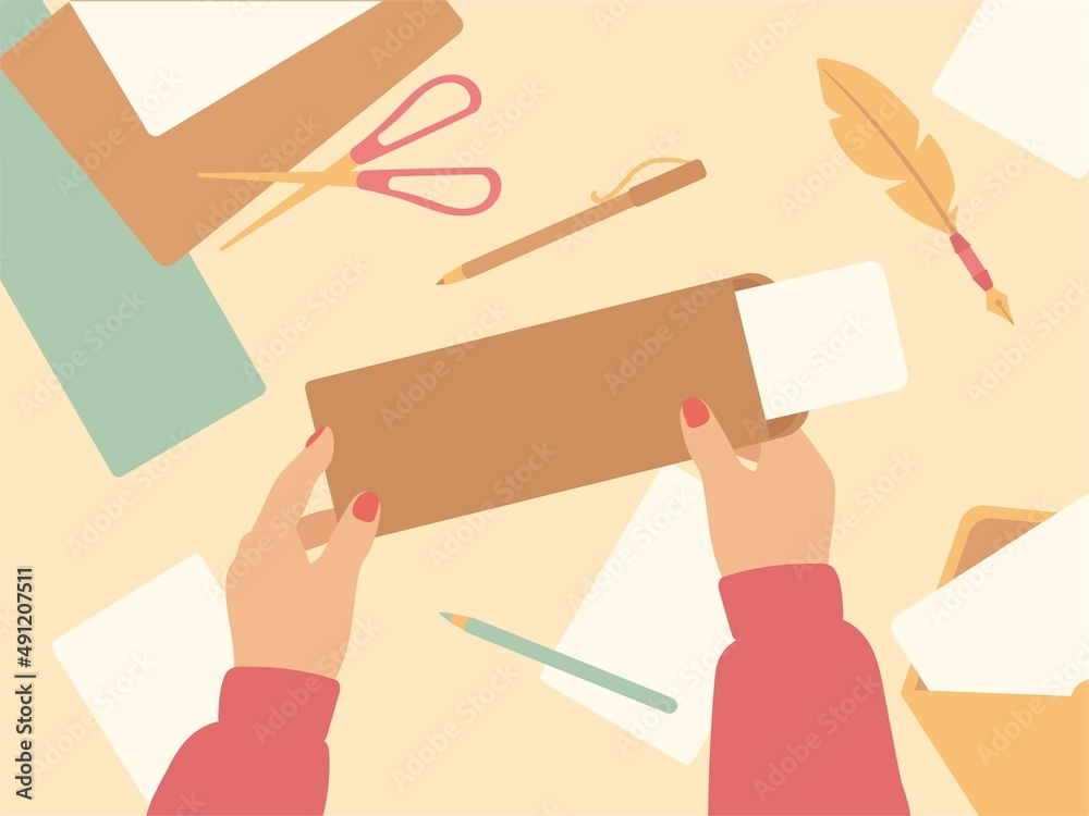 Cartoon letter writing. Hand holding brown vintage envelope, craft paper and postcard. Post office elements, real mail neat vector background Stock Vector | Adobe Stock Cartoon letter writing. Hand holding brown vintage envelope, craft paper and postcard. Post office elements, real mail neat vector background Stock Vector | Adobe Stock