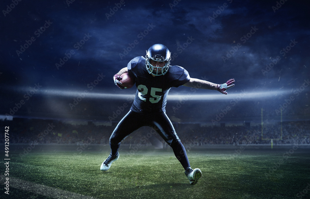 Collage with male american football player in sports equipment at stadium in motion. Action, activity, sportlife concept. Flyer, poster for ad, design.