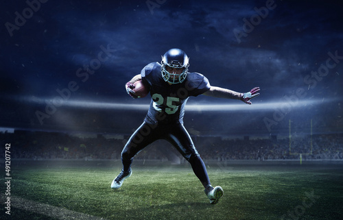 Collage with male american football player in sports equipment at stadium in motion. Action, activity, sportlife concept. Flyer, poster for ad, design. © master1305