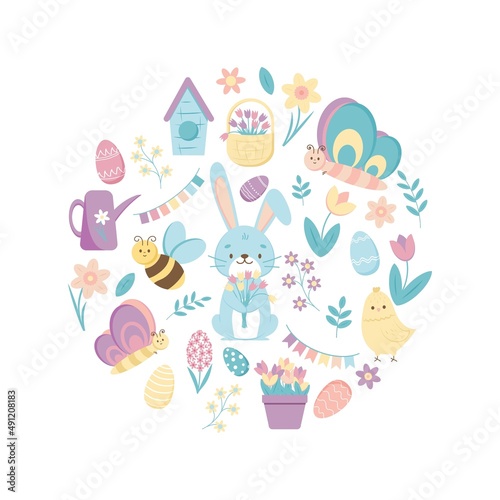 Set of Easter design elements, cartoon characters and floral elements. For holiday decoration and spring greeting cards. Bunny, chicken, sheep, eggs and flowers. Vector illustration. © Iryna Melnyk
