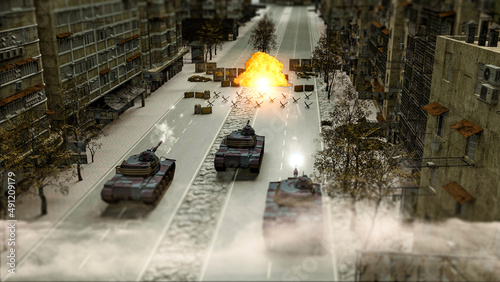 War scene, tanks and air strikes, missiles and cannon shots. Advance of Russian troops on Ukrainian territory. City of Ukraine besieged by Russian military forces. 3d rendering