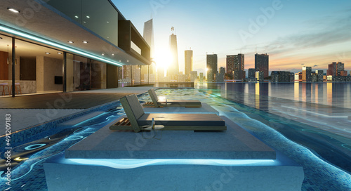 Luxury villa exterior design with beautiful sunset cityscape at the infinity pool. 3d rendering © jamesteohart