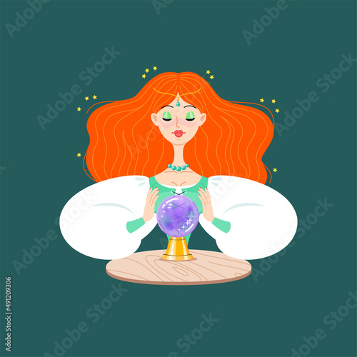 
Fortune teller female character. Cartoon illustration of a beautiful red haired girl telling the future by seeing a magic ball on a dark background. Vector 10 EPS.