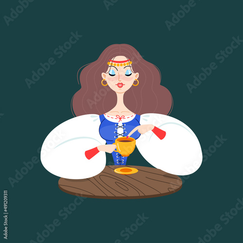 Fortune teller female character. Cartoon illustration of a beautiful girl telling the future using coffee grounds on a dark background. Vector 10 EPS.