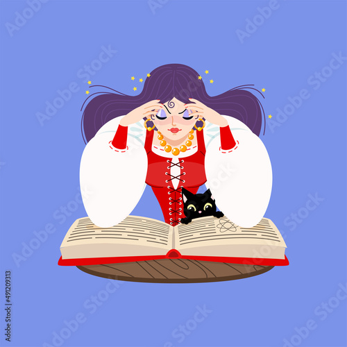 Fortune teller female character. Cartoon illustration of a beautiful girl telling the future using magic book and her funny black cat on a purple background. Vector 10 EPS.