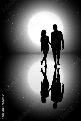 Lovers walk at night. Loving couple silhouette. Full moon and stars