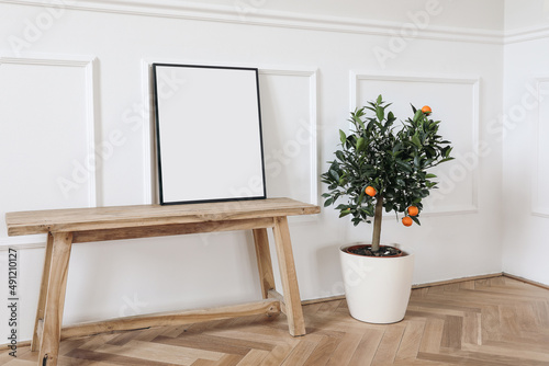 Elegant mockup scene. Tangerine, citrus calamondin fruit tree in flower pot. Blank black picture frame on old wooden bench, table. Wall moulding background, trim. Summer living room decor.