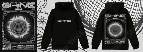 Modern poster with 3d sphere and text "Shine". In Techno style, print for streetwear, for t-shirts, hoodies, and sweatshirts. Isolated on black background
