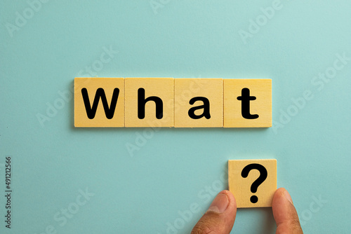 Wh-Question,Problems,Solution,confusion concept.,What word and question mark on wooden cube over blue sky background.