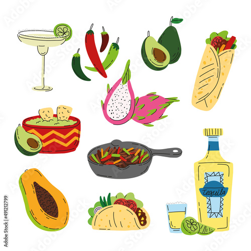 Set of cartoon traditional mexican food. Vector isolated meals in doodle style. Food and drink from Mexico.