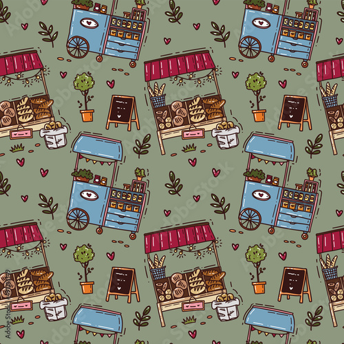 seamless pattern with  cute market stalls