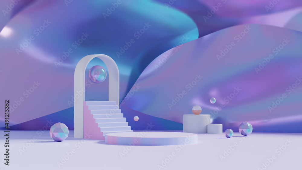 Rainbow geometric shapes Modern 3D Hologram, empty cylinder podium, vacant pedestal, shop product display, showcase, round stage. 3d Rendering image. Rainbow geometric shapes Modern 3D Hologram, empty cylinder podium, vacant pedestal, shop product display, showcase, round stage. 3d Rendering image.