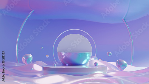 Rainbow geometric shapes Modern 3D Hologram, empty cylinder podium, vacant pedestal, shop product display, showcase, round stage. 3d Rendering image.