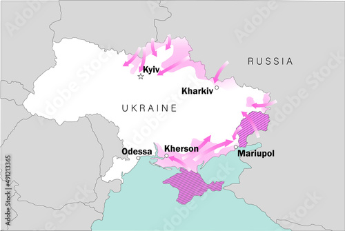 map of the war in Ukraine. Russian held area and troop movement.
