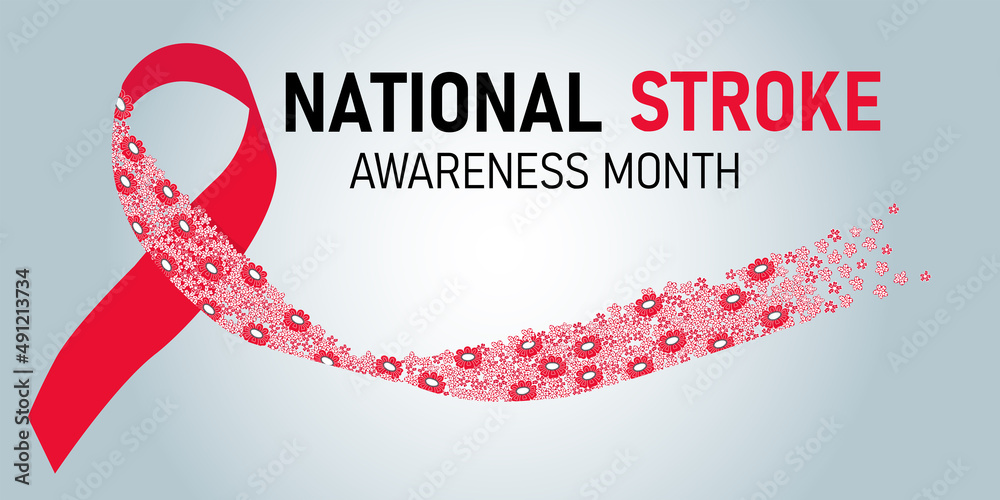 National stroke awareness month banner. Horizontal illustration of ribbon with flowers