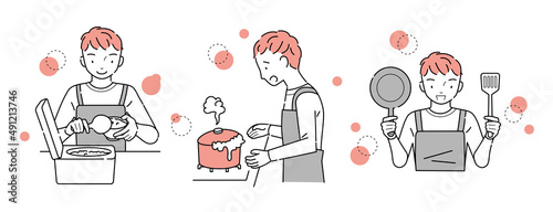 キッチンで家事をする男性のセット（ご飯をよそう　鍋が吹きこぼれる　調理道具を持つ）
