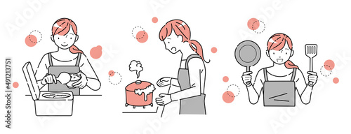 キッチンで家事をする女性のセット（ご飯をよそう　鍋が吹きこぼれる　調理道具を持つ）