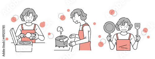 キッチンで家事をする年輩女性のセット（ご飯をよそう　鍋が吹きこぼれる　調理道具を持つ）