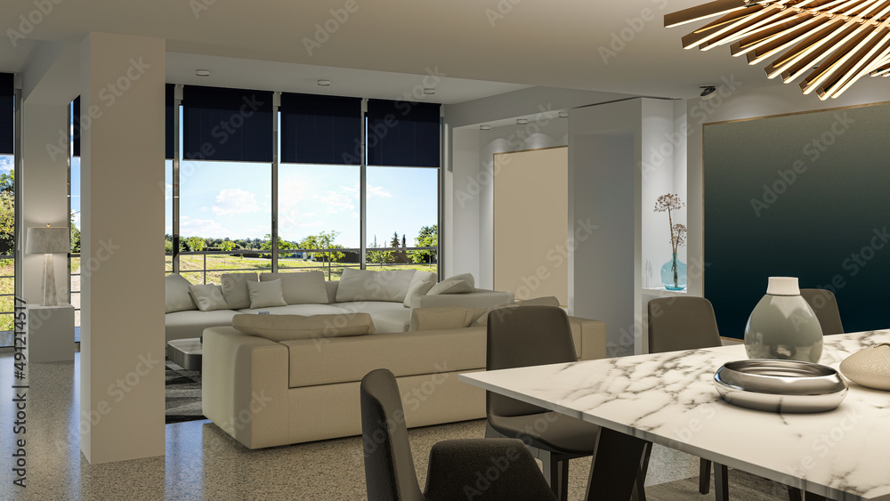 Fototapeta premium Illustration 3D rendering large luxury modern bright interiors Living room mockup computer digitally generated image