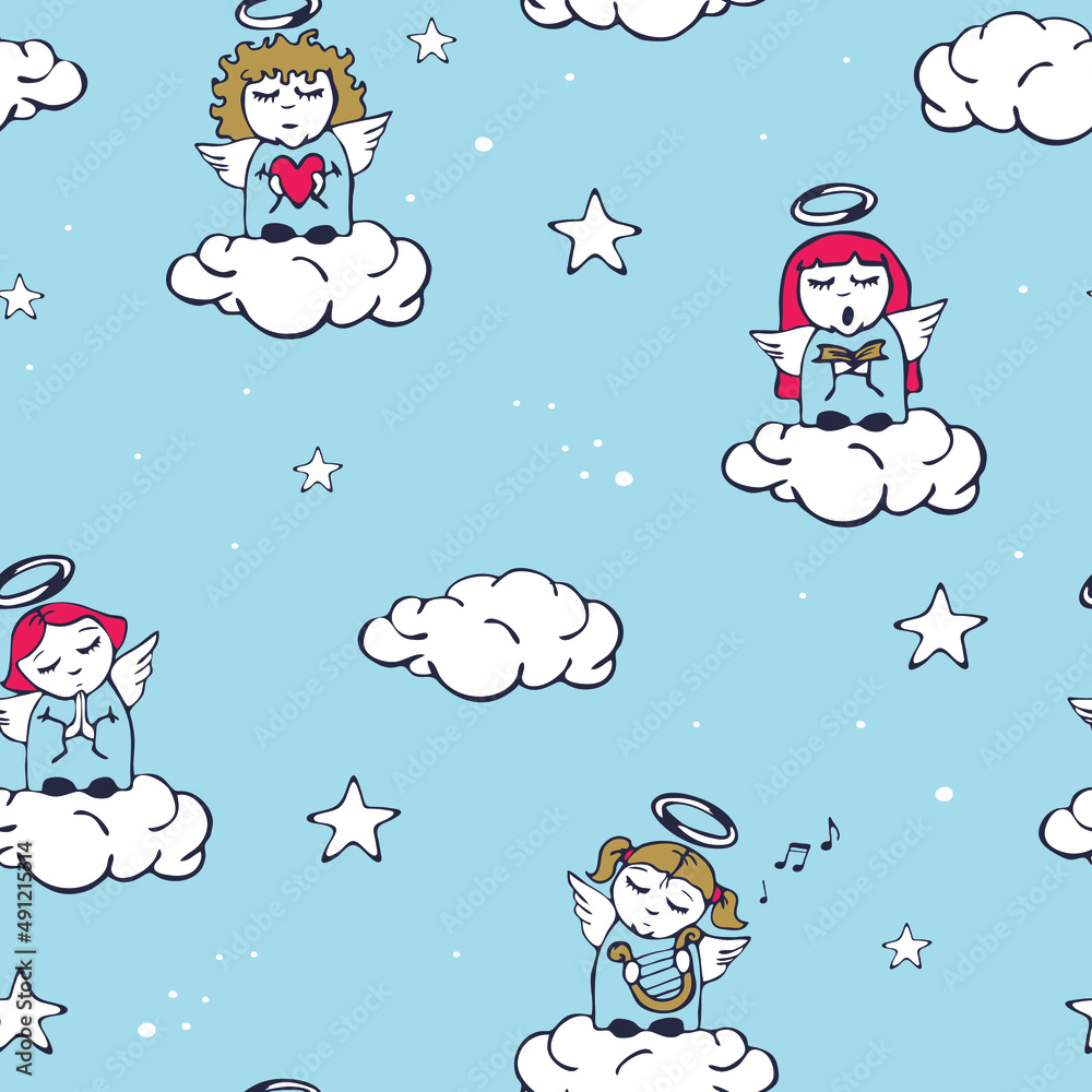 Fototapeta premium Seamless vector pattern with cartoon angels on blue background. Simple heaven sky wallpaper design. Decorative baby fashion textile.