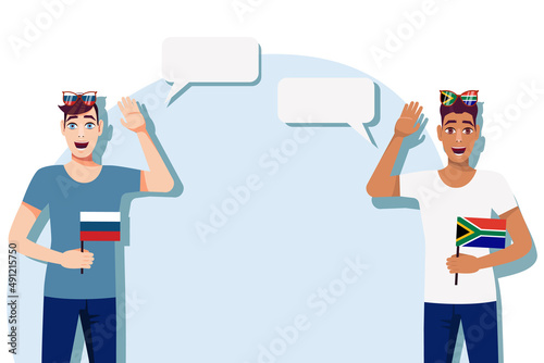 The concept of international communication, sports, education, business between Russia and South Africa. Men with Russian and South African flags. Vector illustration.