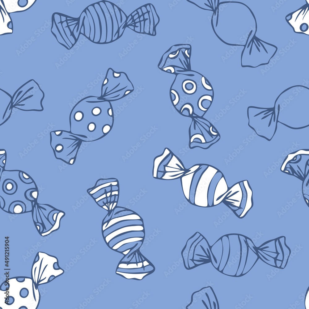 Seamless vector pattern with wrapped candy on blue background. Simple hand drawn sweets wallpaper design. Decorative cartoon fashion textile. Seamless vector pattern with wrapped candy on blue background. Simple hand drawn sweets wallpaper design. Decorative cartoon fashion textile.