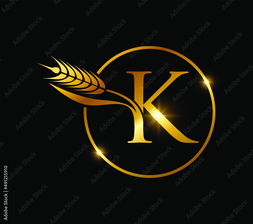 A vector illustration of Golden Wheat Grain Monogram Initial Letter K A vector illustration of Golden Wheat Grain Monogram Initial Letter K